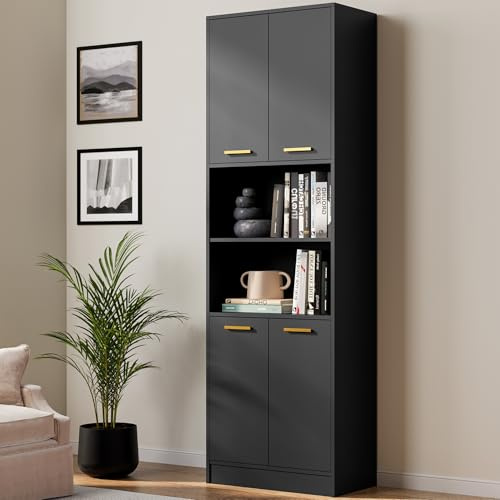 Cozy Castle Kitchen Pantry Cabinet, 75 Tall Wood Storage Cabinet with Doors and Shelves, 4 Doors Open Countertop Utility Hutch Cupboard for Dining Room Living Room Bathroom Furniture, Black