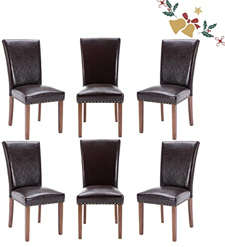 Parsons Dining Chairs Set of 6, Upholstered Nailhead PU Leather Dining Room Kitchen Side Chair with Thick Cushions and Wood Legs, Dark Brown