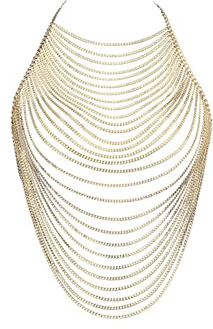 CHRAN Multi-Layer Body Chain Necklace, Gold Metal Chain Halter Top Jewelry, Sexy Chest Chain Accessory for Women (Golden)