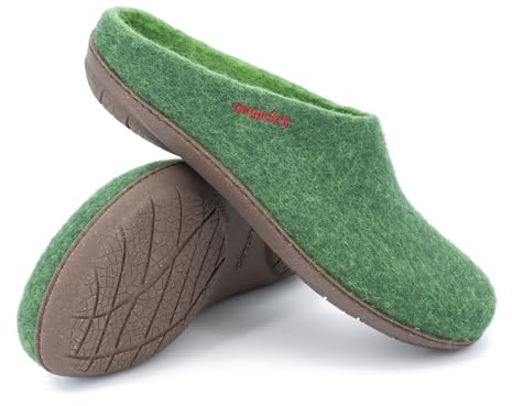 Magicfelt Filttoffel PO 736 för kvinnor och män av ren merinoull – tofflor med halkfri, vattentät gummisula, Mörkgrön, 41 EU