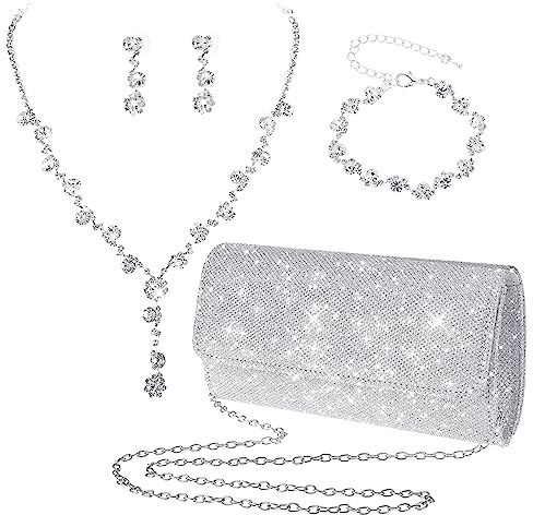 Yolev Bridal Wedding Jewelry Set - Silver Clutch Purse Bag - Rhinestone Necklace, Earrings, Bracelet - Prom Jewelry for Brides & Bridesmaids