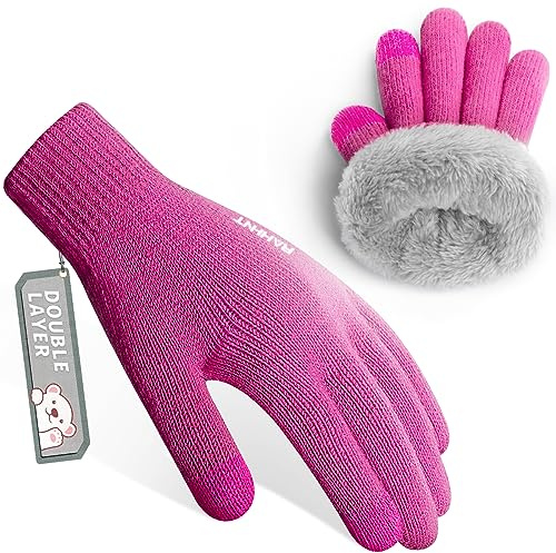 Rahhint Wool Kids Gloves for Boys Girls Winter Thermal Double Knit Gloves with Insulated Fleece Lined Keep Hand Warm Children Toddler Gift 3-15 Years