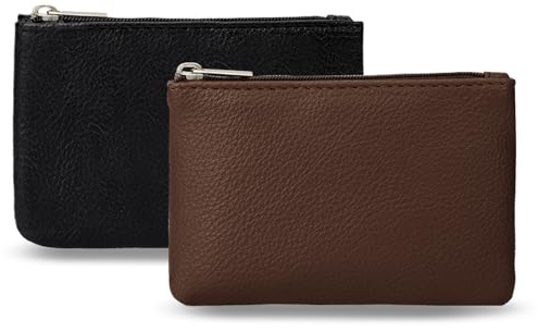 2 Pack Portable PU Leather Mini Coin Purse with Zipper for Women - Credit Card, Folded Bills, ID, Key, Headset, Lipstick (Black & Coffee)