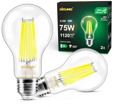 DiCUNO Edison LED Lampe E27, Classic ultraeffiziente Birne, A Label, 5.3W, Ersatz für 75W Glühbirne, Neutralweiß 4000K, 1120lm, 360°, klar, Energieeffizienzklasse A, A60 LED Leuchtmittel, 2er Pack