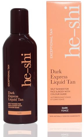 He-Shi Express Liquid Fake Tan - Dark, 150ml | Instant quick-dry formula with a tropical scent. Vegan & streak-free natural ultra-dark bronze glow.