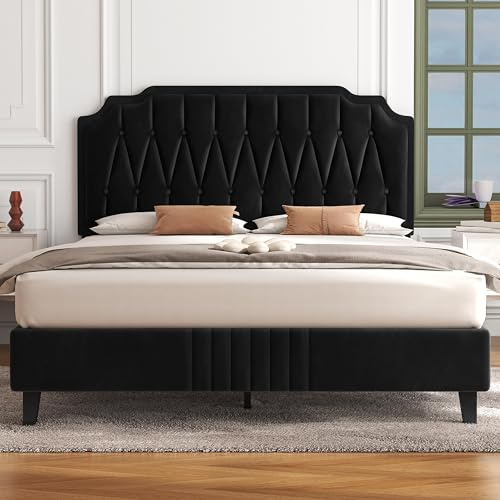 Yaheetech 5ft King Bed Frame Upholstered Platform Bed with Adjustable Button Tufted Headboard/Velvet Fabric/Sturdy Wooden Slat Support/No Box Spring Needed, Black King Bed