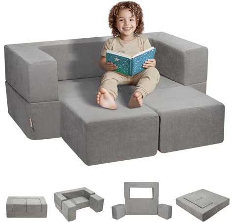 VEVOR Spielsofa Kindersofa aus Chenille-Stoff Bausteine 4-teilig, Kinderspielsofa mit abnehmbarem Bezug 90 kg belastbar, umwandelbares Kindersofa Spielzimmermöbel zum Schlafen Lesen Dunkelgrau
