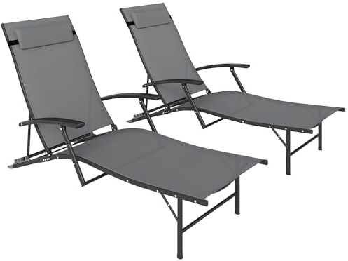 Outsunny Set di 2 Lettini Prendisole Pieghevoli con Schienale Regolabile su 4 Livelli, Sdraio da Giardino con Seduta e Poggiatesta in Acciaio e Textilene, per Spiaggia, Piscina, 64x168x75 cm, Grigio