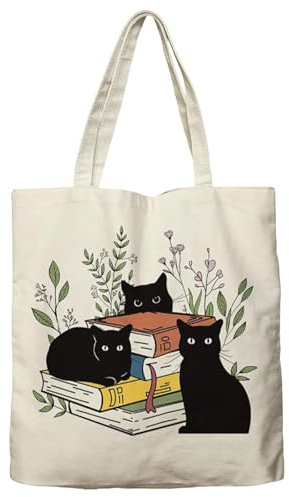 MUNSKT Bonito bolso de lona floral de gato negro, patrón con 3 gatos negros acostados en libros, lavable, plegable y reutilizable para compras, vacaciones, trabajo, gimnasio
