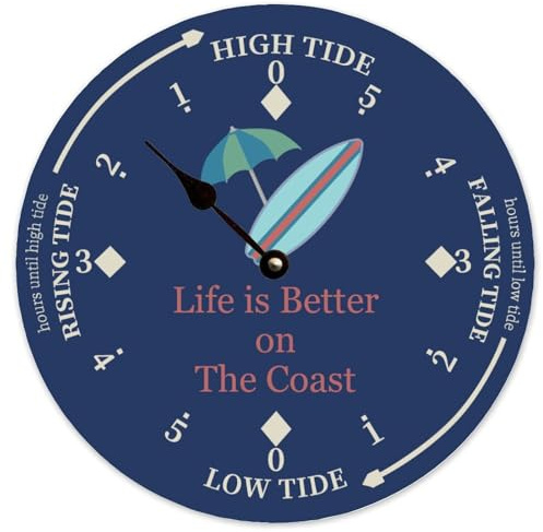Guangpat Life Is Better on The Coast Personalized Tide Clock Blue Surfboard Tidal Clocks Battery Operated 10 Inch Farmhouse Retro Wall Decor for Home Kitchen Office Bathroom