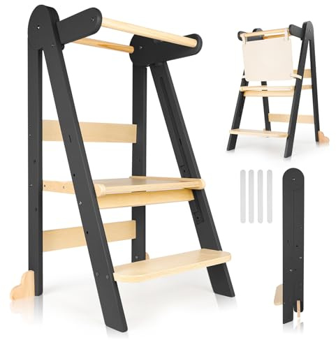 Toddler Learning Tower with Foldable Design, 3-Level Adjustable Height, Safety Guardrail & Anti-Tip Protection - Ideal for Kitchen Counter Helper, Family Mealtime & Bathroom Use (Black)