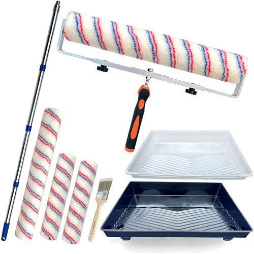 Decomarte Paint Roller Kit with Extension Pole Adjustable Frame 12 Inch 18 Inch Microfiber Covers, Extra-Large Stain Roller Brush Tray Liner Set for Walls Ceilings Interior Exterior Painting