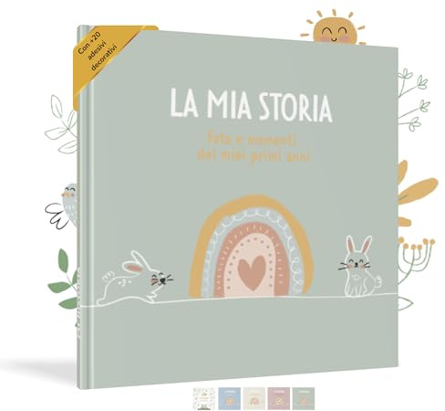 HuBorns - Album Nascita per Incollare Foto e Scritte con +50 Pagine e Adesivi, Album Fotografico Neonato per il Primo Anno fino a 5 Anni, Ideale per Regalo Nascita Bambina e Bambino