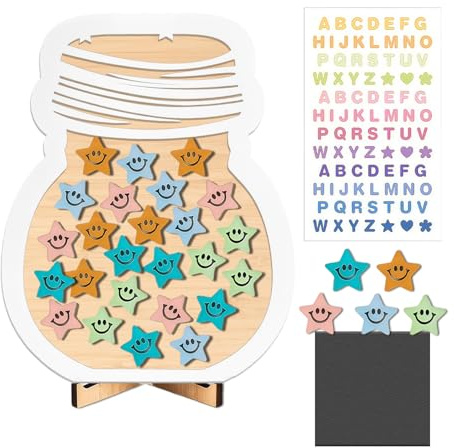 GROVBLE Tablero de recompensas magnético para niños, sistema de recompensa, sistema de recompensa, escuela primaria con soporte de madera y 25 estrellas, para aulas en casa, oficina, escuela primaria