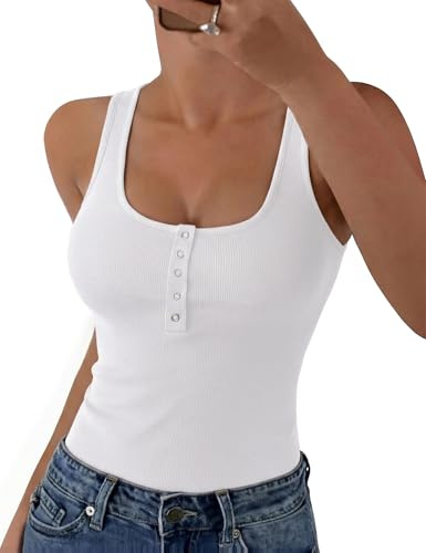 Aottori Canotta Donna Scollo Quadrato Estiva Tops Senza Maniche Coste Bottoni Spalla Larga Canottiera Lunga Basic Tinta Unita T Shirt Slim Fit Tank Top Sexy Casual Bianco L