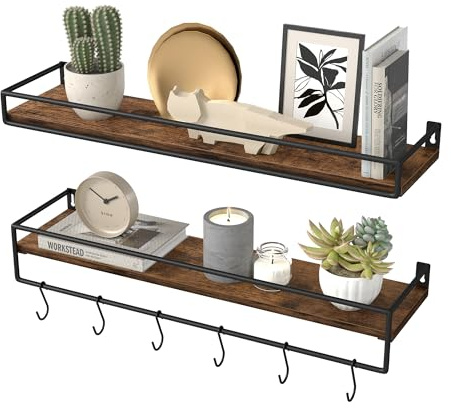 VASAGLE Set da 2 Mensole da Parete, Mensole Galleggianti, Ripiani Sospesi con Barra, Scaffali Flottanti, Cucina, Camera da Letto, Soggiorno, Marrone Vintage e Nero Inchiostro LWS461KD01