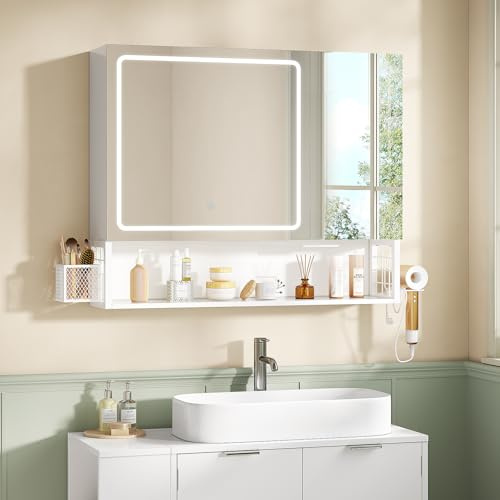 FORABAMB Armario Baño con Espejo 80x16x70 cm, Espejo de Baño con Luz LED y Estantes Regulables, Armario Espejo Baño con Almacenamiento y Enchufe Múltiple, Interruptor Táctil, 2 Puertas Espejo, Blanco