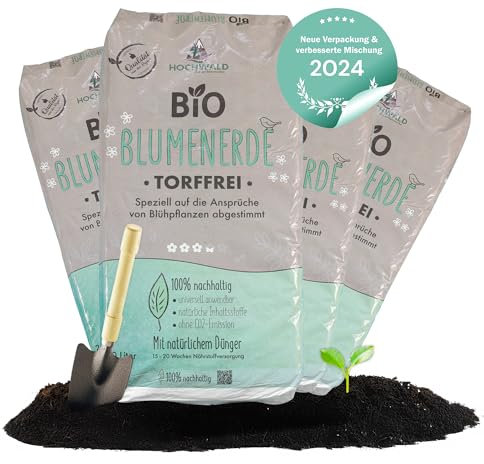 Hochwald - Bio Blumenerde 80 L torffrei mit nachhaltigem Langzeitdünger - Pflanzerde mit Natur Dünger für Zimmerpflanzen & Balkonpflanzen - Haus, Garten & Hochbeet Pflanzen Erde mit Bodenhilfsstoff