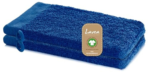 Lavea® 2 Gants de Toilette 16 x 22 cm en Éponge de Coton Biologique 100% Doux et Absorbants, pour la Maison, l’Hôtel et Le Spa – Gant de Bain avec Cordon de Suspension – Bleu Marine
