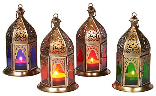 Orientalische Laternen 4 Set Laterne Basem bunt 16cm | 4 x Orientalisches Windlicht aus Metall & Glas als Ramadan Deko | Glaslaterne für draußen als Gartenlaterne in Rot - Lila - Grün - Orange
