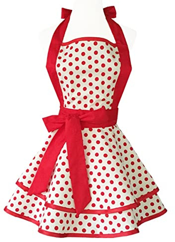 Hyzrz Lovely Handmade Cotton Retro Aprons for Women Girls Cake Kitchen Cook Apron for Mother's Gift (Red Dot)