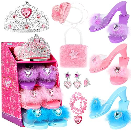 Jaolex Princess Dress Up Shoes Pretend Play Jewelry Toys Set 3 Pairs of Shoes with Tiara Earrings Necklaces Ring Role Play Set for Little Girls Aged 3-6 Years Old