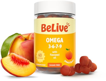BeLive Omega 3 Gummies with Omegas 6, 7, 9 from Flaxseed Oil and Sea Buckthorn Fruit Oil - Sugar-Free, Supports Brain, Heart, Eye & Immune System, Supplements for Kids & Adults (60 CT) (1)