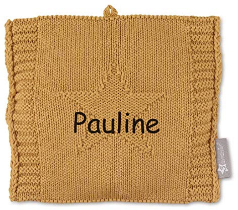 Sterntaler Wärmekissen Baby Kinder personalisiert mit Namen, Strick-Wärmesäckchen, Hafer Getreide Füllung, Mikrowelle, 15x15cm, Für Babys ab dem 1. Monat (Gelb)