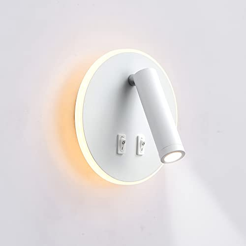 uksunvi Lampada da parete a LED, lampada da parete da lettura sul comodino, lampade da lettura a parete a LED da 12 W, faretto regolabile （3W + 9W 3000K luce calda） bianco Forma rotonda