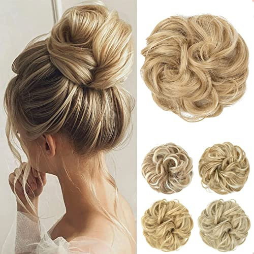 JJstar Chignon Postiche Cheveux Grande Postiches Bouclés Ondulés Chouchou Cheveux Naturel Faux Chignon Elastique pour Femmes Fille (Blond Clair Miel)
