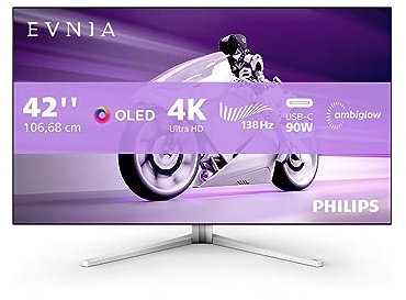 Philips Evnia 42M2N8900-42 Inch OLED UHD gaming monitor, 138 Hz, Ambiglow, FreeSync Premium, G-Sync Comp (3840x2160, 0.1ms GtG, HDMI 2.1, DisplayPort, USB-C (90W PD), USB Hub) gray/white