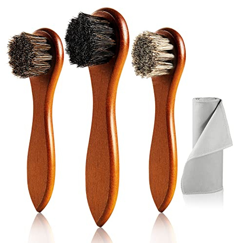 Unekez 4-Piece Horse Hair Shoe Brush Shine Kit, Shoe Polish Brush, Leather Shoes Boot Cleaning Brushes Care Clean Dauber Applicator