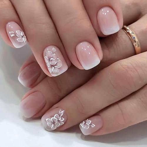 JUSTOTRY 24 Stück Weiß Eckig Nägel Zum Aufkleben Kurz mit Blumen Muster,Gradient Pink Press on Nails,Kunstnägel Fake Nails für Nails Art,Square French Künstliche Nägel für Frauen
