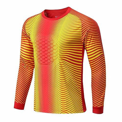 Yeahdor Junior Children Padded Football Goalkeeper Shirt Long Sleeve Soccer Jersey T-Shirts Sport Training Workout Top Red&Yellow 7-8 Years
