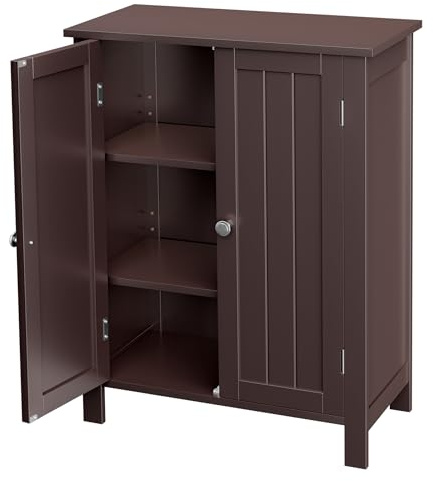 SUPER DEAL Modern Bathroom Floor Storage Cabinet with Adjustable Shelf and Double Door Rust Proof, Living Room Modern Home Furniture Storage Organizer Cabinet, Brown