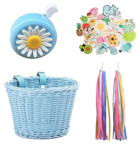 BAYINBROOK Cesta Bicicleta Niña, Cesta Bicicleta Delantera, Cesta Bicicleta Infantil, Accesorios Bicicleta Niña, Canasta de Manillar de Bicicleta, con Campanas, Serpentinas, Pegatinas (Azul)
