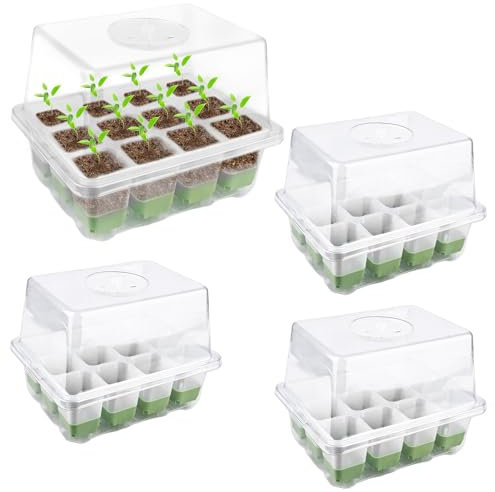 4 Stück Zimmergewächshaus Anzuchtkasten, Anzuchtplatte Topfplatte 12 Pflanzlöchern, Wiederverwendbar Anzuchtplatte, Mini Gewächshaus Anzuchtschalen für Pflanze, Kräutern, Blumen, Gemüse und Obst
