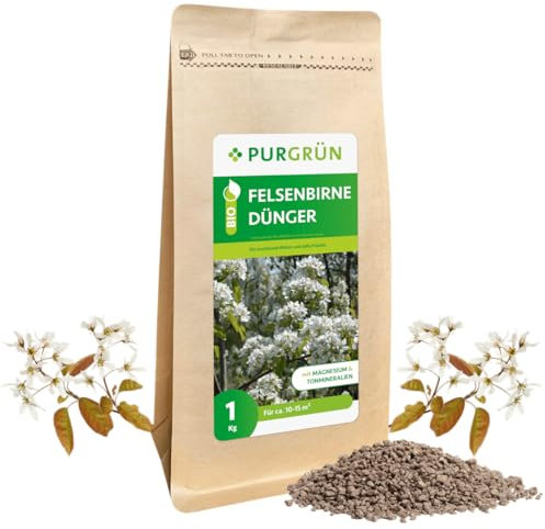 Purgrün® Bio-Felsenbirne-Dünger 1 kg – Organisch-mineralische Rezeptur – Feinkörniges Krümelgranulat – NPK 6+3+8 – Mit Magnesium für leuchtende Blüten & süße Früchte – Verbessert die Bodenqualität