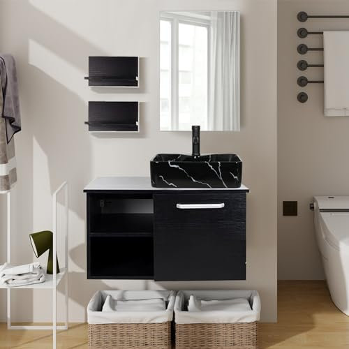 YU YUSING Juego de Muebles de baño con Lavabo, Armario baño con Espejo, 2 estantes Pared, Juego Grifo (Lavabo cerámica)