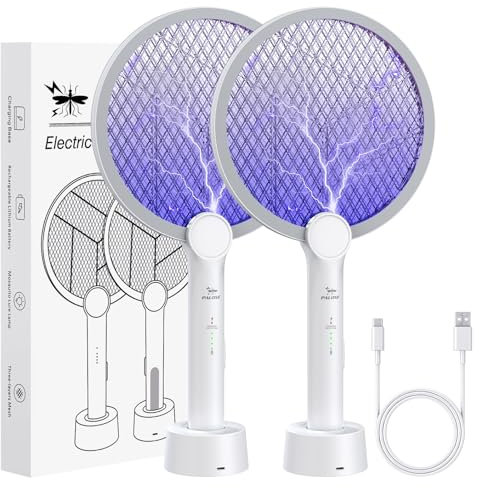 PALONE 2PCS Raquette Electrique Insectes 4000V Raquette Moustique Electrique avec Base de Recharge USB Double Protection Efficace Anti Moustique & Insectes Volants, pour Intérieur et Extérieur