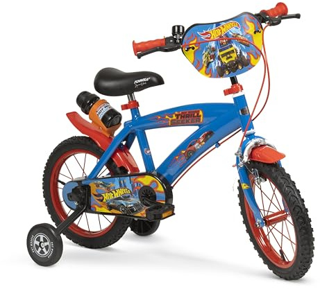 Toimsa Hot Wheels 14 inch Bicycle, Kids Bike Learn to Ride, with Training Wheel Stabilisers and Mudguard, for Children Ages 4-6 Years, Includes Water Bottle, Blue and Red