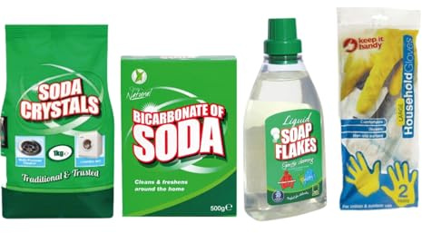 Home Cleaning Bundle - Soda Crystals 1kg, Bicarbonate of Soda 500g, Liquid Soap Flake 750ml, 2 Pairs of Household Gloves | Eco-Friendly Multi-Purpose Cleaning Essentials