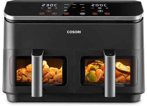 Cosori Freidora de Aire Grande con Doble Cesta 8,5L Air Fryer, Alta Pontencia y Velocidad, Max 8-10 Personas, 10 Funciones, Acero Inox Interior con Fianza, Más Sano, Panel Táctil Intuitivo, Limpiable