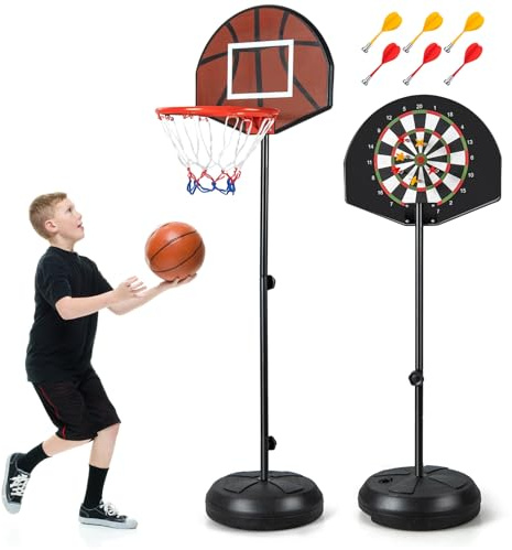 COSTWAY Canestro da Basket per Bambini da Esterno ed Interno, Canestro da Basket 2-in-1 con Bersaglio, 6 Freccette, Base Riempibile e Supporto per Canestro Regolabile in Altezza