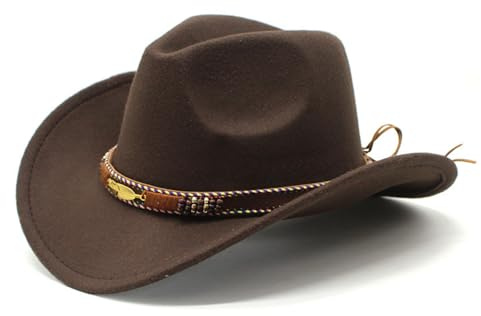 Cazqgoy Chapeau de cowboy pour femmes et hommes - Chapeau de cowgirl - Chapeau en feutre - Bord large avec bande en cuir - Chapeau jazz, café, L