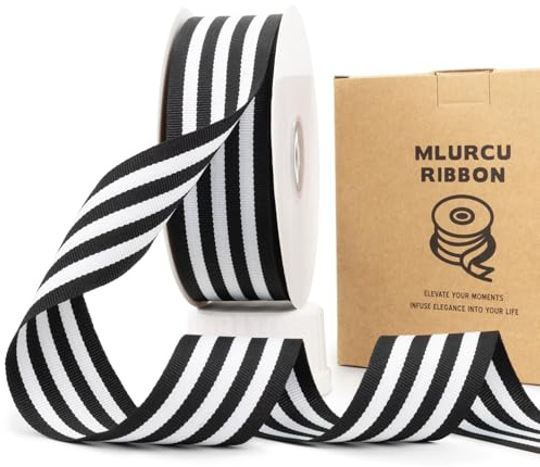 Mlurcu Nastro grosgrain a righe bianche e nere 3,8 cm x 22,9 m nastro in poliestere double face per Halloween, Natale, matrimoni, confezioni regalo, ghirlande, fiocchi, artigianato fai da te