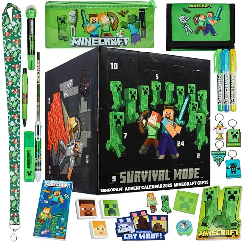 Minecraft Advent Calendar 2025 for Kids Teens, Creeper Stationery & Accessories Christmas Countdown Calendar, Pens Keyrings Gadgets, Gifts for Gamers (Black Cube)