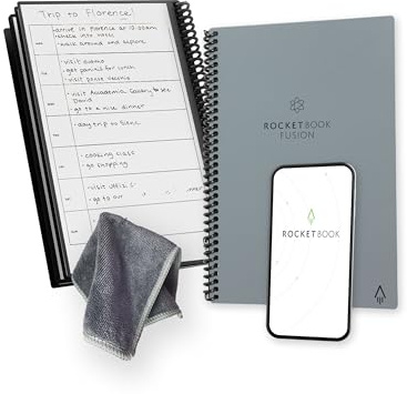 Rocketbook Fusion Agenda de Productividad Sin fechas Reutilizable, Tamaño A5, 15 cm x 22,4 cm, Gris - Objetivos, Calendario Mensual y Semanal, Listas de Tareas Diarias, Páginas de Rayas y Puntos