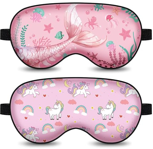 2-pack sovmask för barn, ögonmask för att sova, söt tecknad sovmask med justerbar rem, mörkläggande ögonskugga för barn tonåring ögonbindel för hemresan och tupplur, fest (enhörning + hav)