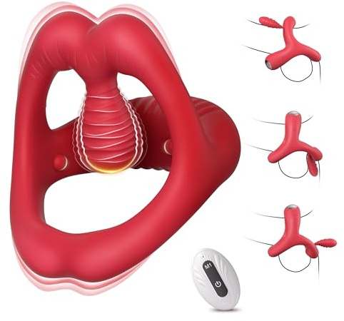 Sex Toys Triangle Vibrating Cock Ring, Penis Ring with Vibrator Swing Bead Red Lips Silicone Stretchy Cockrings with 10 Vibrations for Men Erection Sex Rings Couples Sex Toys Adult Toys Gay Male